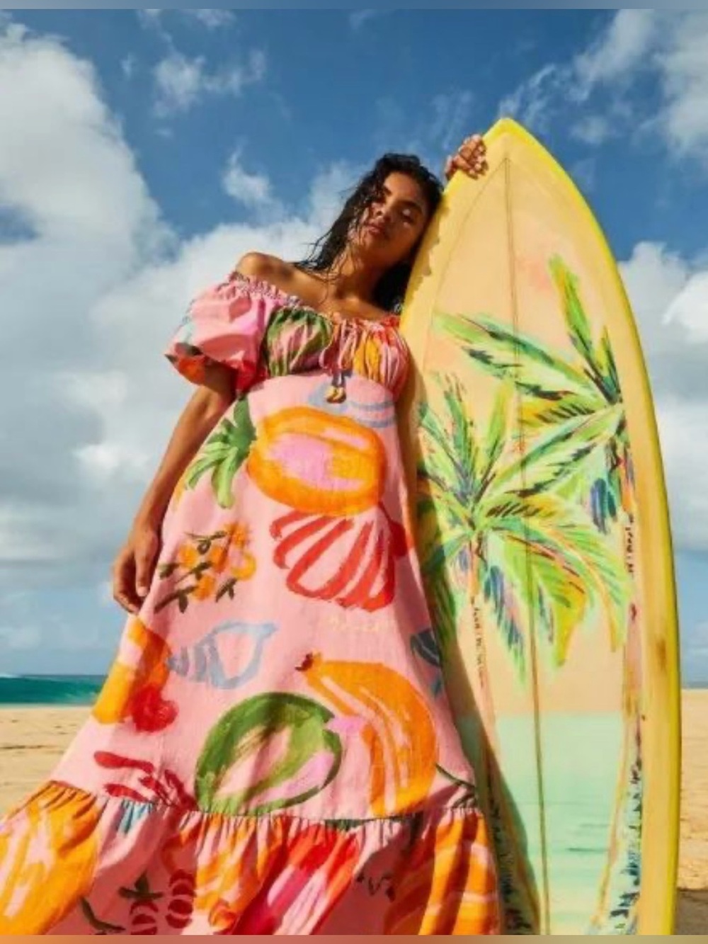 Anthropologie x Farm Rio Brazil Fruit Tropical Puff Sleeve Maxi Dress Size Small